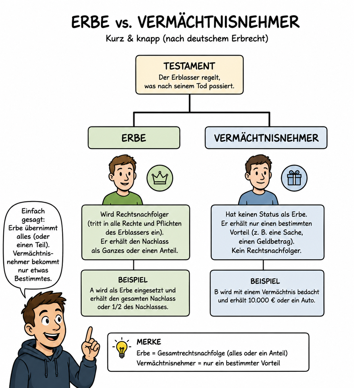 Erbe vs. Vermächtnisnehmer: Erbe wird Rechtsnachfolger und erhält den Nachlass als Ganzes oder einen Anteil. Vermächtnisnehmer hat keinen Erbenstatus und erhält nur einen bestimmten Vorteil wie eine Sache oder einen Geldbetrag.